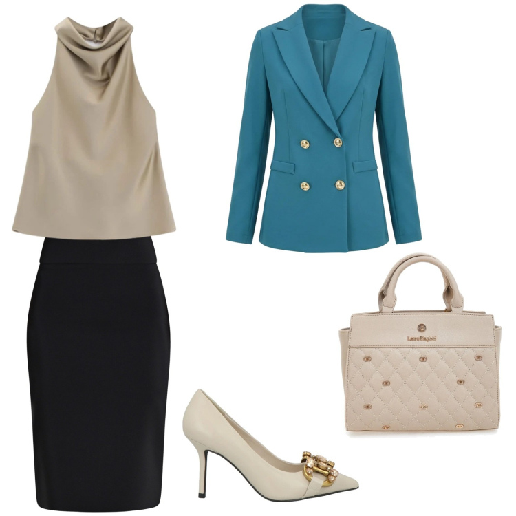Outfit donna - Sofisticata e elegante con questo outfit. Stile Chic per Ufficio. Abbinamento con décolleté, top, gonne longuette, blazer, borse a mano.