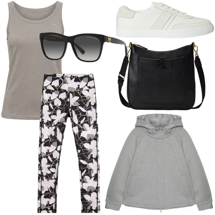 Outfit donna - Fantasia floreale. Stile Minimal per Tutti i giorni. Abbinamento con blazer, canottiere, leggings, occhiali da sole, borse a tracolla, sneakers.