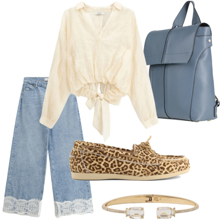 Outfit donna - Impegni quotidiani. Stile Glamour per Tutti i giorni. Abbinamento con zaini, jeans, bluse, braccialetti, mocassini.