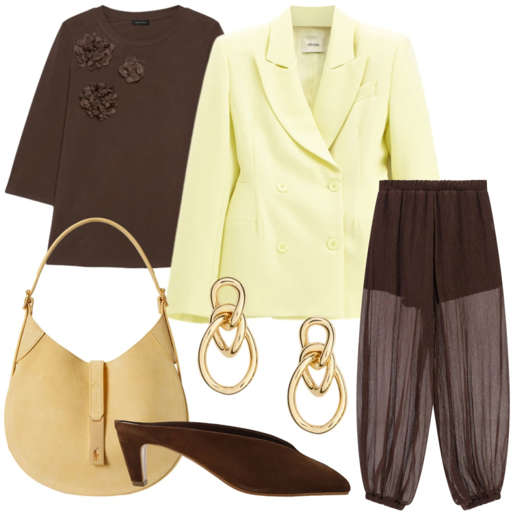 Outfit donna - Dettagli quotidiani. Stile Chic per Tutti i giorni. Abbinamento con pantaloni, sabot, blazer, t-shirt, orecchini, borse a spalla.