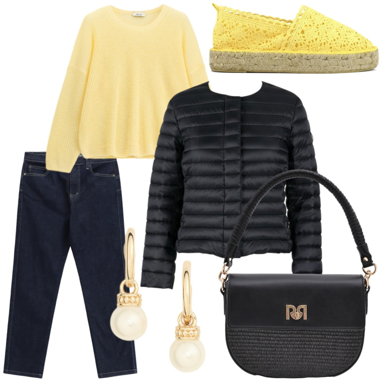 Outfit donna - Espadrillas in macrame. Stile Minimal per Tutti i giorni. Abbinamento con borse a spalla, maglieria, jeans dritti, piumini, orecchini, espadrillas.