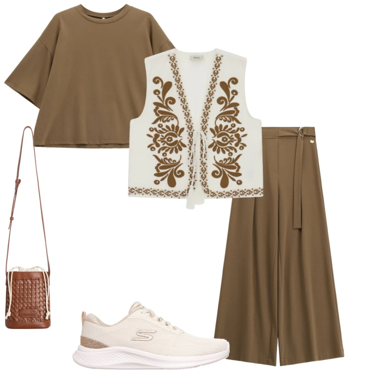 Outfit donna - Gilet ricamato. Stile Casual chic per Tutti i giorni. Abbinamento con borse a secchiello, t-shirt, pantaloni a palazzo, gilet, sneakers.