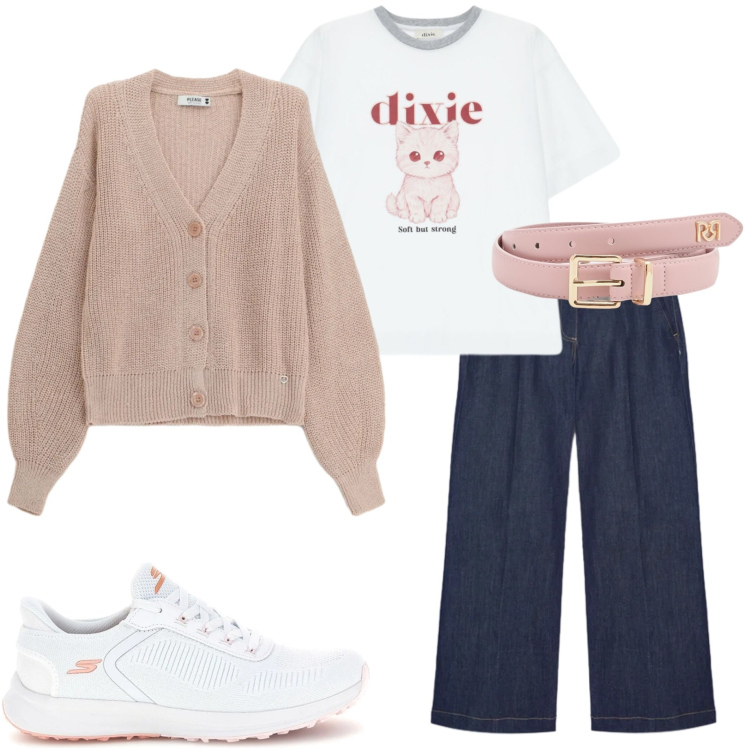 Outfit donna - Casual style. Stile Casual per Tutti i giorni. Abbinamento con jeans, t-shirt, cinture, cardigans, sneakers.