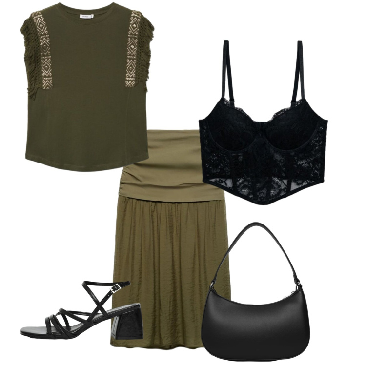 Outfit donna - Verde oliva per la sera. Stile Boho per Serata fuori. Abbinamento con gonne longuette, bralette, t-shirt, borse a tracolla, sandali col tacco.