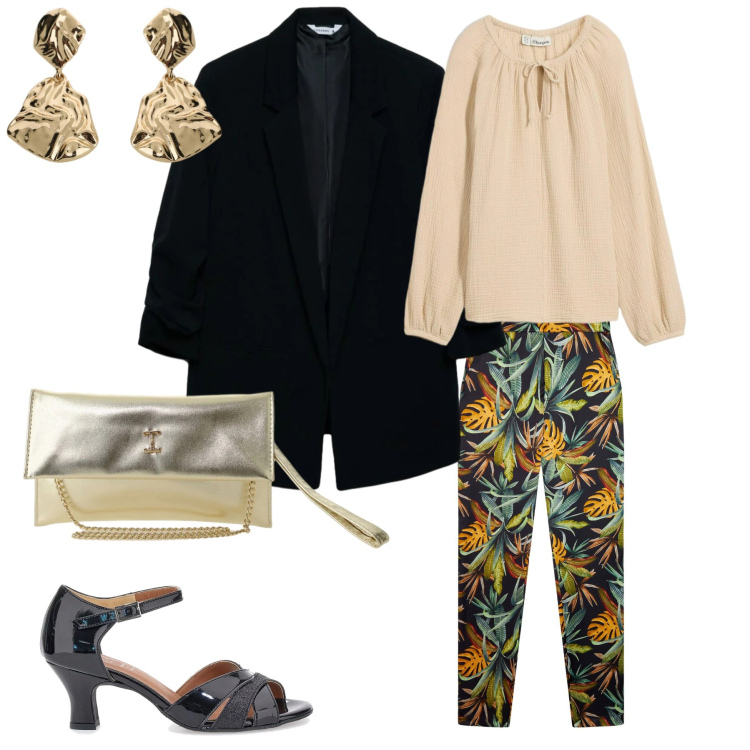 Outfit donna - Una serata speciale. Stile Casual chic per Serata fuori. Abbinamento con bluse, blazer, borse a tracolla, orecchini, pantaloni, décolleté.