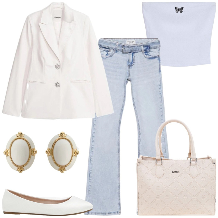 Outfit donna - Cloud dancer. Stile Casual chic per Tutti i giorni. Abbinamento con ballerine, blazer, orecchini, top, jeans a zampa, borse a tracolla.