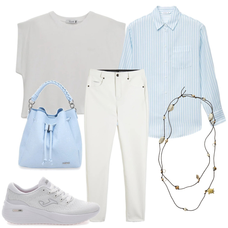Outfit donna - Light as cloud. Stile Casual per Tutti i giorni. Abbinamento con top, collane, pantaloni skinny, sneakers, camicie, borse a secchiello.