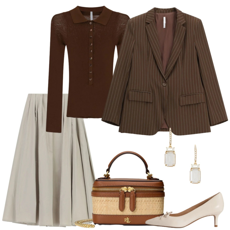 Outfit donna - Come una principessa. Stile Casual chic per Serata fuori. Abbinamento con blazer, gonne lunghe, maglieria, orecchini, décolleté, borse a tracolla.
