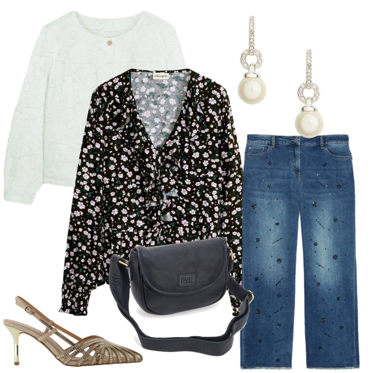 Outfit donna - Eleganza Romantica. Stile Boho per Tutti i giorni. Abbinamento con bluse, jeans dritti, blazer, décolleté, orecchini, borse a tracolla.