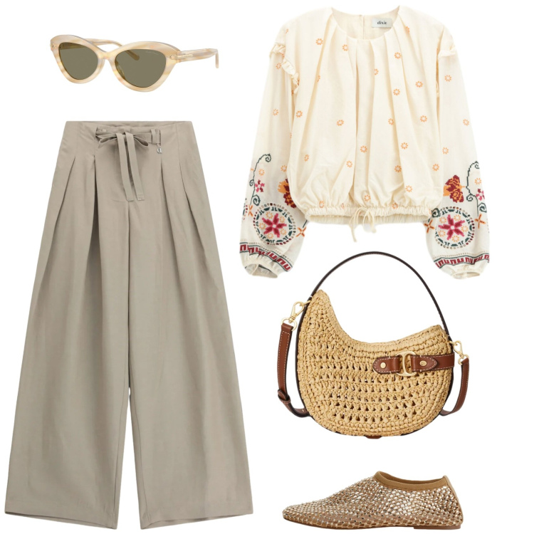 Outfit donna - Neo folk. Stile Etnico per Scuola/Università. Abbinamento con ballerine, pantaloni a palazzo, bluse, occhiali da sole, borse a tracolla.