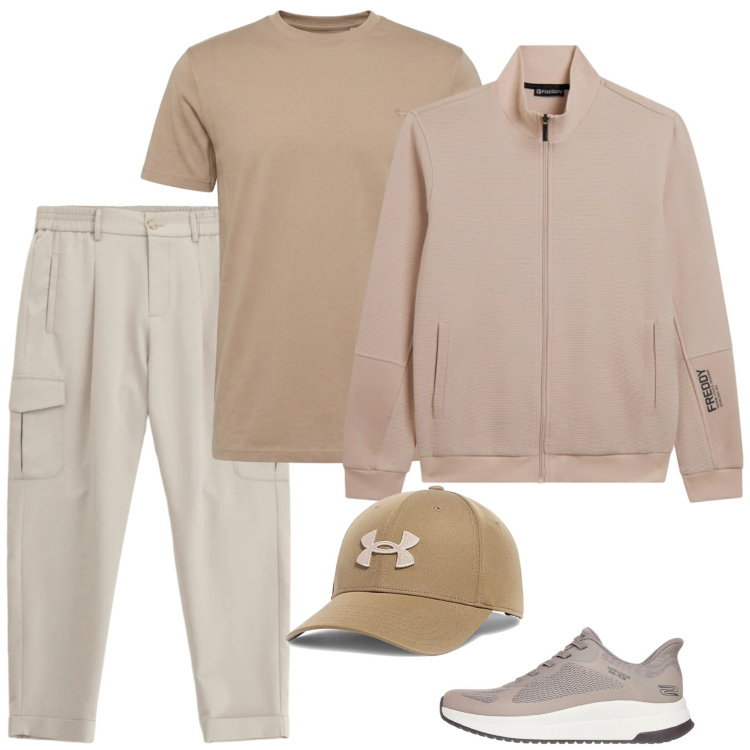 Outfit uomo - Tutto in nuance. Stile Casual per Tutti i giorni. Abbinamento con t-shirt, pantaloni cargo, felpe, cappelli con visiera, sneakers.