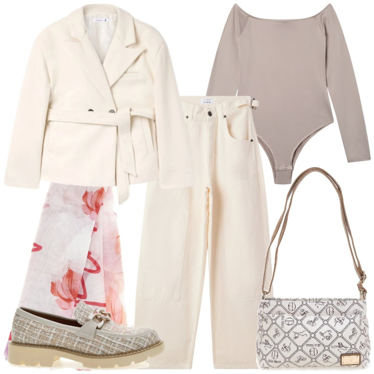 Outfit donna - Libertà e eleganza. Stile Casual chic per Tutti i giorni. Abbinamento con pantaloni, body, blazer, borse a tracolla, foulard, mocassini.