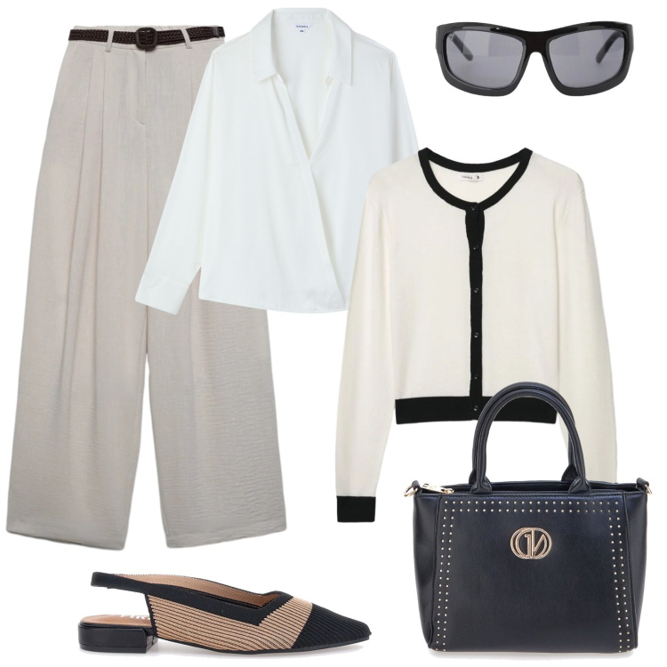 Outfit donna - Grigio in primavera. Stile Chic per Tutti i giorni. Abbinamento con occhiali da sole, borse a mano, cardigans, camicie, ballerine, pantaloni.