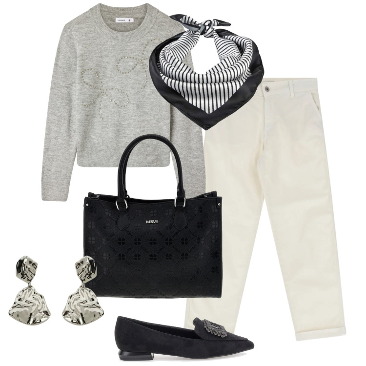 Outfit donna - Basic in città. Stile Basic per Tutti i giorni. Abbinamento con foulard, jeans, orecchini, maglieria, mocassini, borse a tracolla.