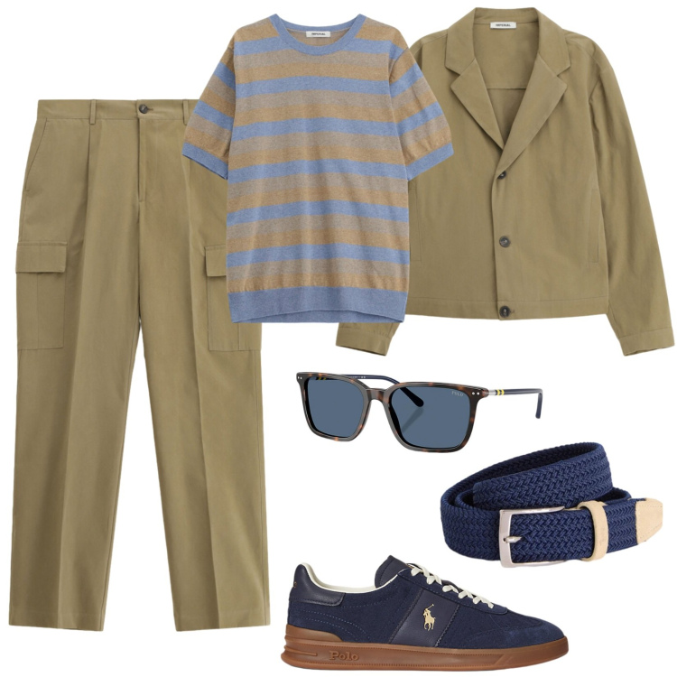 Outfit uomo - Eleganza urbana. Stile Urban per Tutti i giorni. Abbinamento con cinture, pantaloni cargo, maglieria, giacche, occhiali da sole, sneakers.