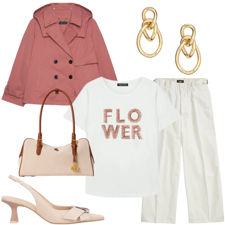 Outfit donna - Petali di Città. Stile Casual chic per Tutti i giorni. Abbinamento con décolleté, trench, t-shirt, pantaloni, orecchini, borse a mano.