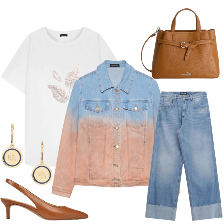 Outfit donna - Tramonto Denim. Stile Casual chic per Tutti i giorni. Abbinamento con jeans, t-shirt, blazer, borse a mano, orecchini, décolleté.