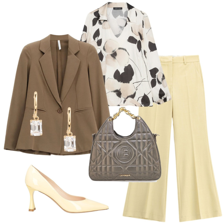 Outfit donna - Total look #2376646. Stile Chic per Cerimonia. Abbinamento con décolleté, bluse, blazer, pantaloni a palazzo, orecchini, borse a mano.