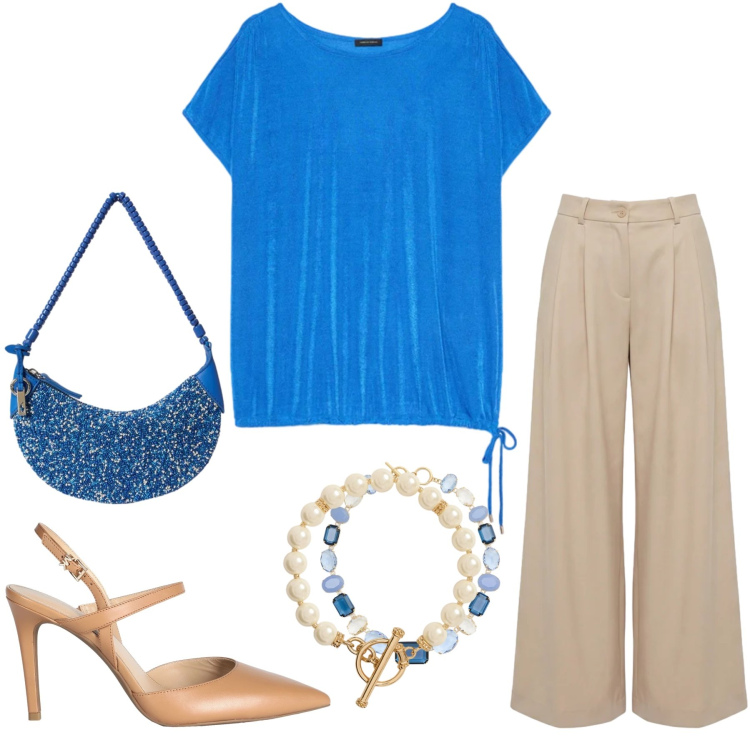 Outfit donna - Blue Crush & Sabbia. Stile Casual chic per Tutti i giorni. Abbinamento con décolleté, t-shirt, pantaloni, borse a spalla, collane, collane.