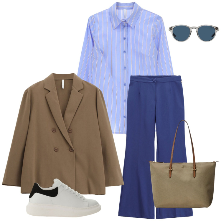Outfit donna - Turista contemporanea. Stile Casual per Tutti i giorni. Abbinamento con camicie, pantaloni a palazzo, sneakers, blazer, borse tote, occhiali da sole.