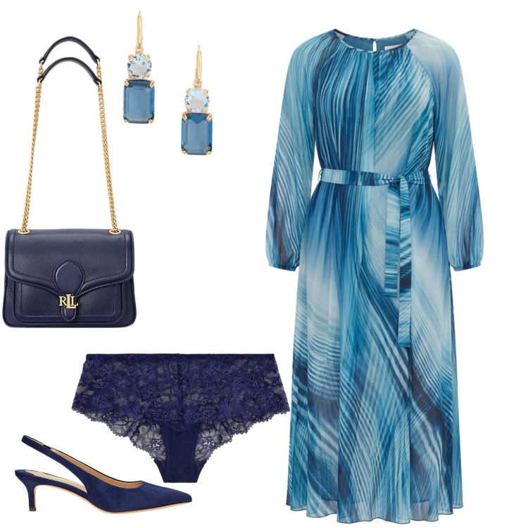 Outfit donna - Onde d’Azzurro. Stile Glamour per Cerimonia. Abbinamento con vestiti lunghi, culotte, orecchini, décolleté, borse a spalla.