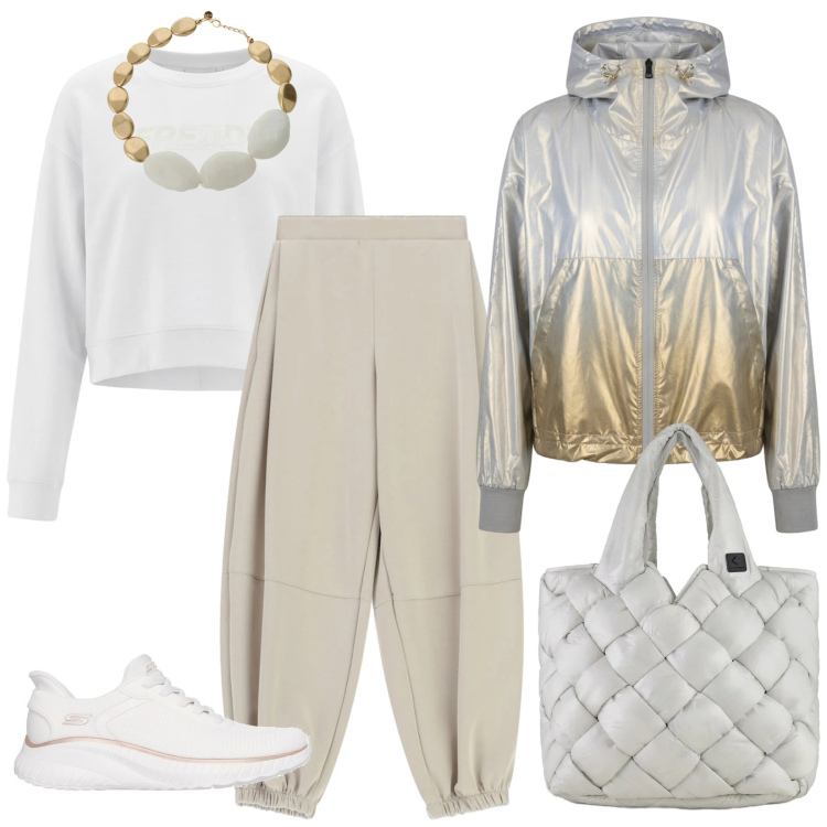 Outfit donna - Nuova luce. Stile Urban per Tutti i giorni. Abbinamento con pantaloni, collane, felpe, borse tote, bomber, sneakers.