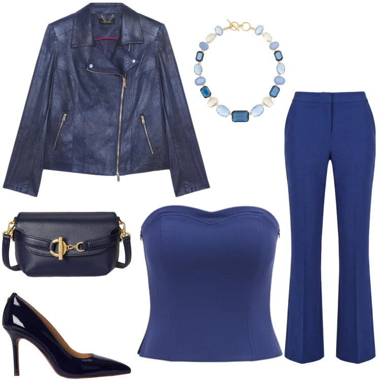 Outfit donna - Un Ensemble Monocromatico. Stile Glamour per Serata fuori. Abbinamento con top, pantaloni, blazer, borse a tracolla, collane, décolleté.