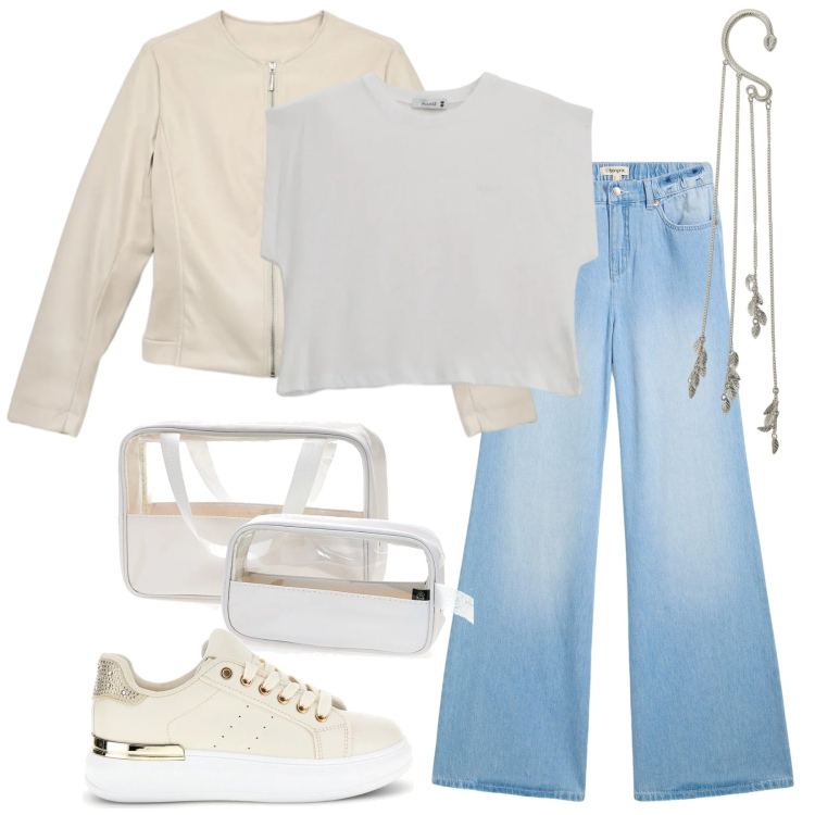 Outfit donna - Casual light. Stile Casual chic per Tutti i giorni. Abbinamento con jeans, top, orecchini, clutch, giacche, sneakers.