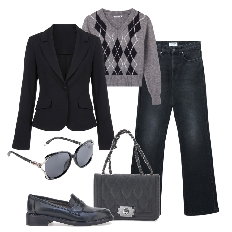 Outfit donna - Freschetto al mattino. Stile Casual chic per Tutti i giorni. Abbinamento con occhiali da sole, blazer, mocassini, jeans bootcut, borse a tracolla, pullovers.