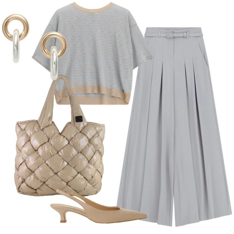 Outfit donna - Il pantalone perfetto. Stile Chic per Tutti i giorni. Abbinamento con pantaloni a palazzo, maglieria, décolleté, borse tote, orecchini.
