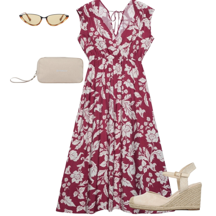 Outfit donna - Fresca. Stile Casual chic per Tutti i giorni. Abbinamento con vestiti midi/longuette, zeppe, occhiali da sole, valigie.