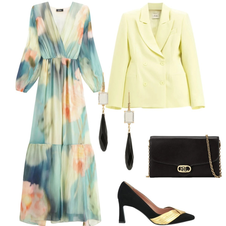 Outfit donna - Total look #2376661. Stile Romantica per Cerimonia. Abbinamento con décolleté, vestiti lunghi, blazer, borse a tracolla, orecchini.