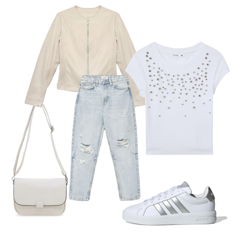 Outfit donna - Angelo di strada. Stile Urban per Tutti i giorni. look ideale per Petite. Abbinamento con giacche, sneakers, t-shirt, jeans mom, borse a tracolla.