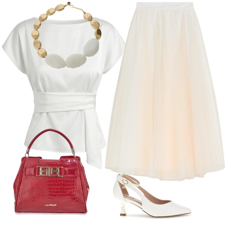 Outfit donna - Cipria. Stile Bon Ton per Tutti i giorni. Abbinamento con gonne lunghe, bluse, collane, borse a mano, décolleté.