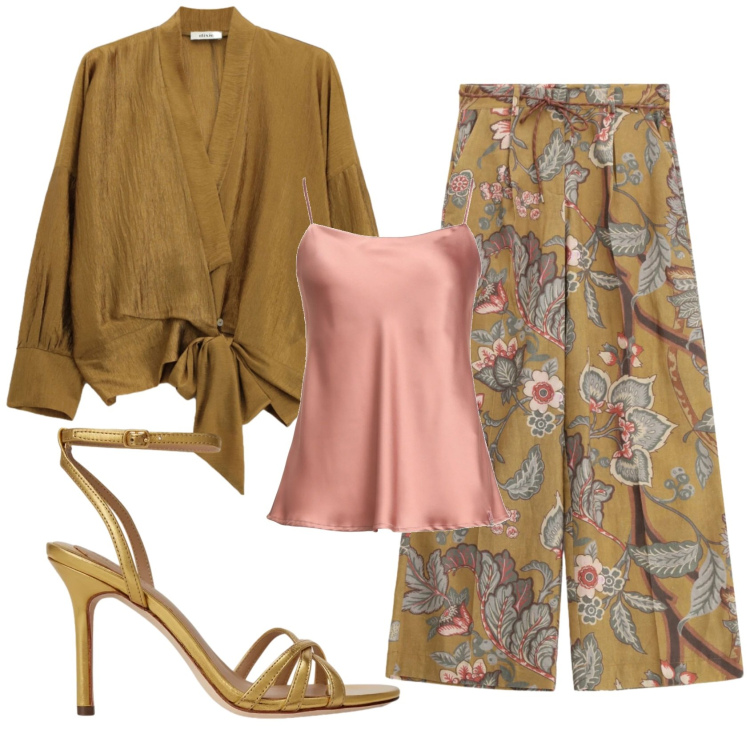 Outfit donna - Total look #2376664. Stile Trendy per Serata fuori. Abbinamento con top, pantaloni a palazzo, bluse, sandali in pelle.