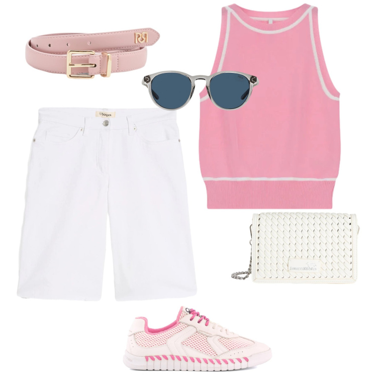 Outfit donna - Pomeriggio al club. Stile Casual chic per Tutti i giorni. Abbinamento con borse a tracolla, top, occhiali da sole, cinture, sneakers, bermuda.