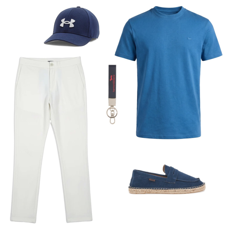 Outfit uomo - Blu. Stile Casual per Tutti i giorni. Abbinamento con portachiavi, t-shirt, pantaloni, cappelli, espadrillas.