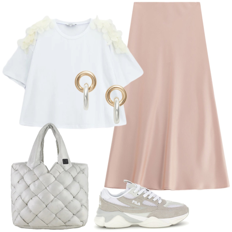 Outfit donna - Comodità. Stile Casual per Tutti i giorni. Abbinamento con t-shirt, gonne lunghe, borse tote, orecchini, sneakers.