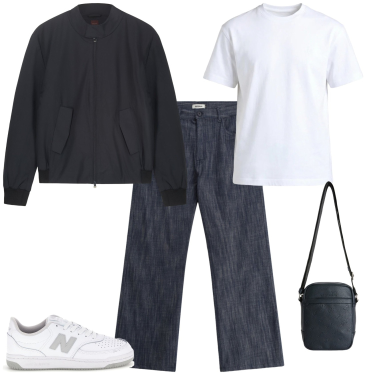 Outfit uomo - Casual ogni giorno. Stile Casual per Tutti i giorni. Abbinamento con borse sportive, t-shirt, jeans, bomber, sneakers.