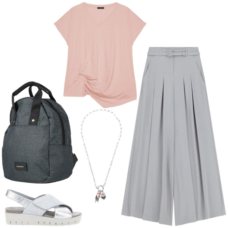 Outfit donna - Total look #2376684. Abbinamento con zaini, t-shirt, pantaloni a palazzo, ciondoli, sandali in pelle.