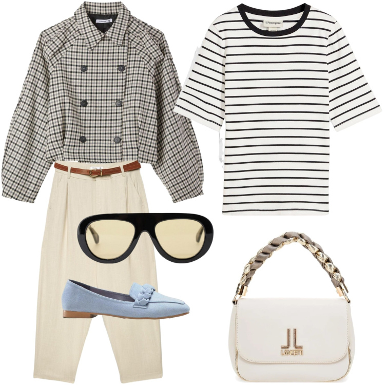 Outfit donna - Urban Heritage & Contemporary Edge. Stile Preppy per Ufficio. Abbinamento con t-shirt, mocassini, pantaloni chino, caban, occhiali da sole, borse a tracolla.