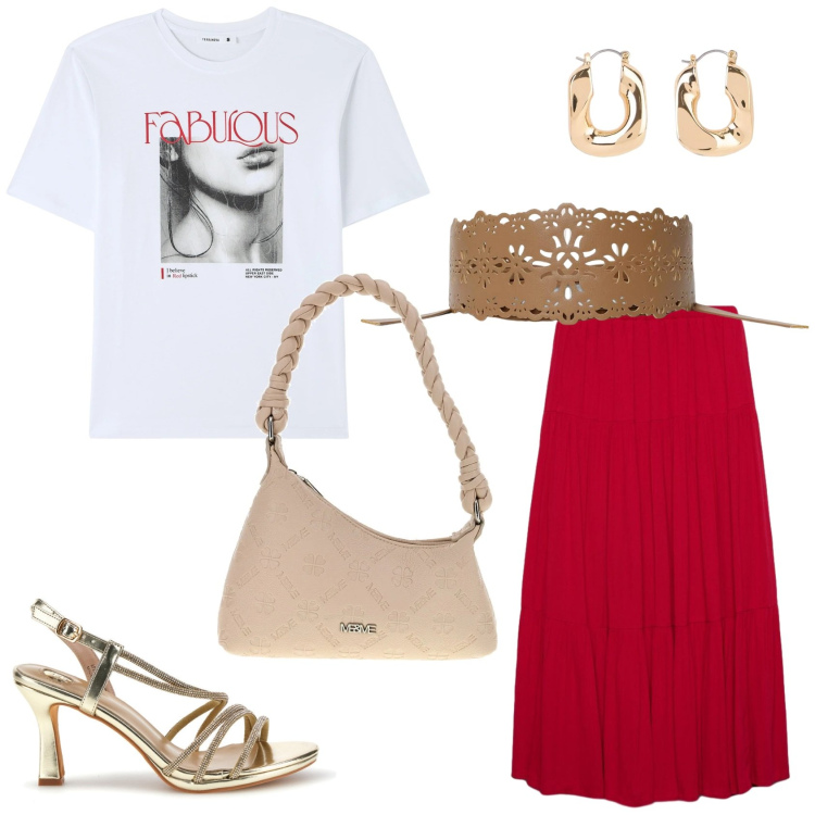 Outfit donna - Trendy e femminile. Stile Trendy per Tutti i giorni. Abbinamento con orecchini, t-shirt, cinture, gonne lunghe, borse a mano, sandali col tacco.