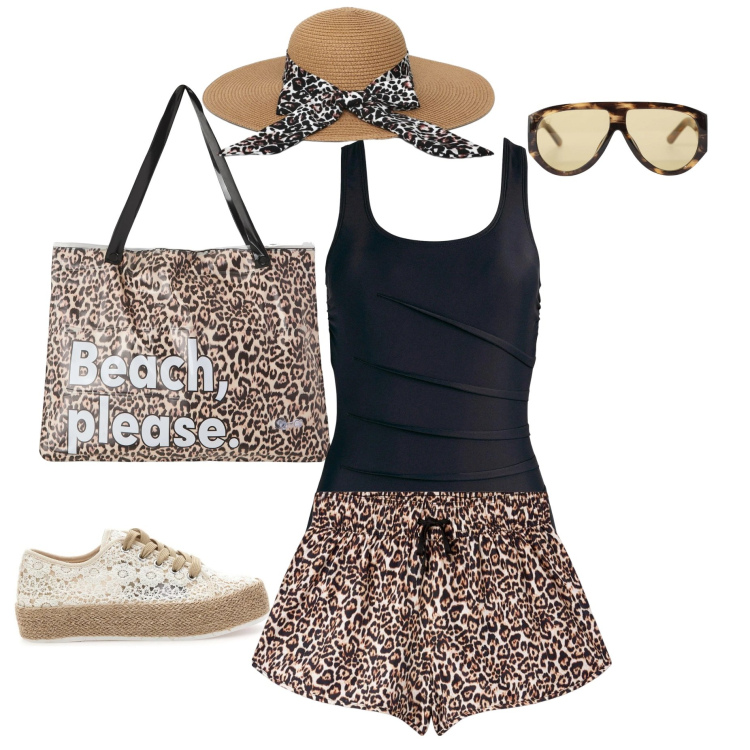 Outfit donna - Wild beach -armocromia autunno caldo. Stile Casual per Mare. Abbinamento con costumi interi, shorts, borse tote, cappelli, occhiali da sole, sneakers.