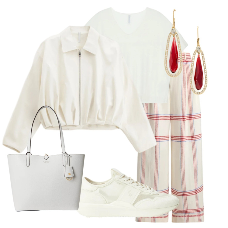 Outfit donna - Fine settimana glamour. Stile Glamour per Tutti i giorni. Abbinamento con bomber, top, orecchini, sneakers, borse tote, pantaloni.