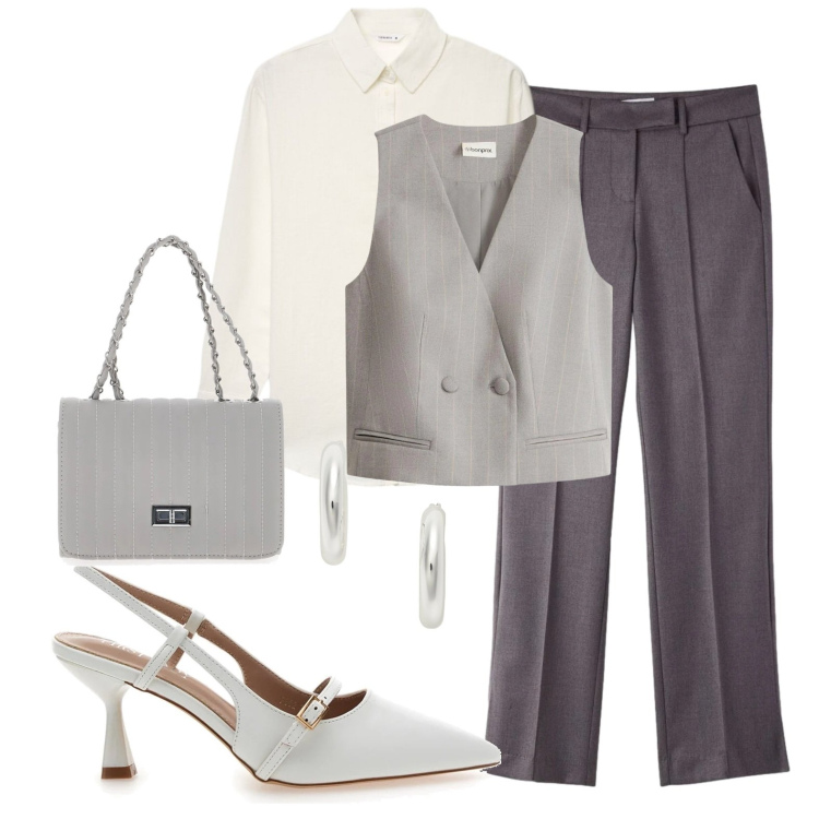 Outfit donna - Gilet maschile. Stile Mannish per Ufficio. Abbinamento con gilet, orecchini, borse a tracolla, décolleté, pantaloni, camicie.