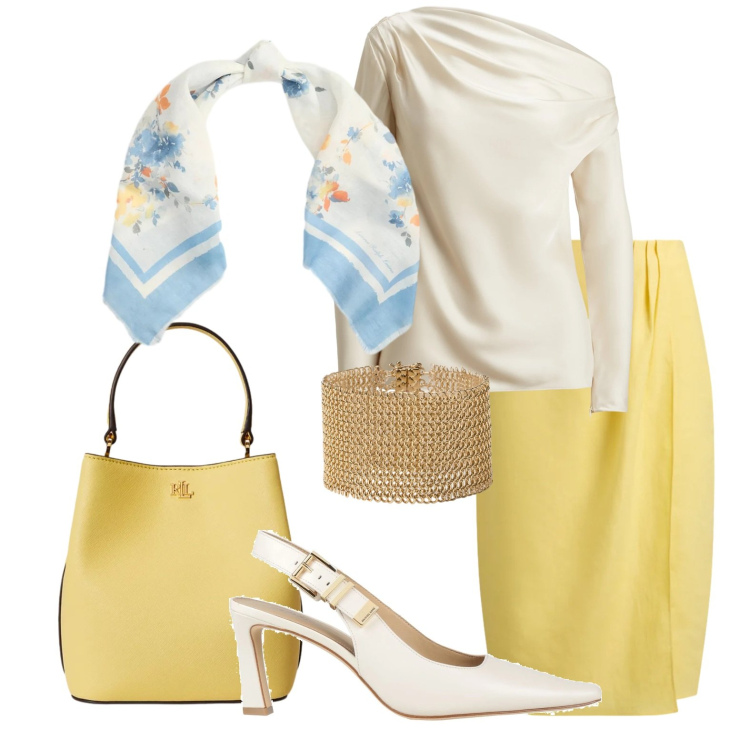 Outfit donna - Giallo primavera. Stile Bon Ton per Tutti i giorni. Abbinamento con décolleté, bluse, braccialetti, gonne, borse a secchiello, foulard.