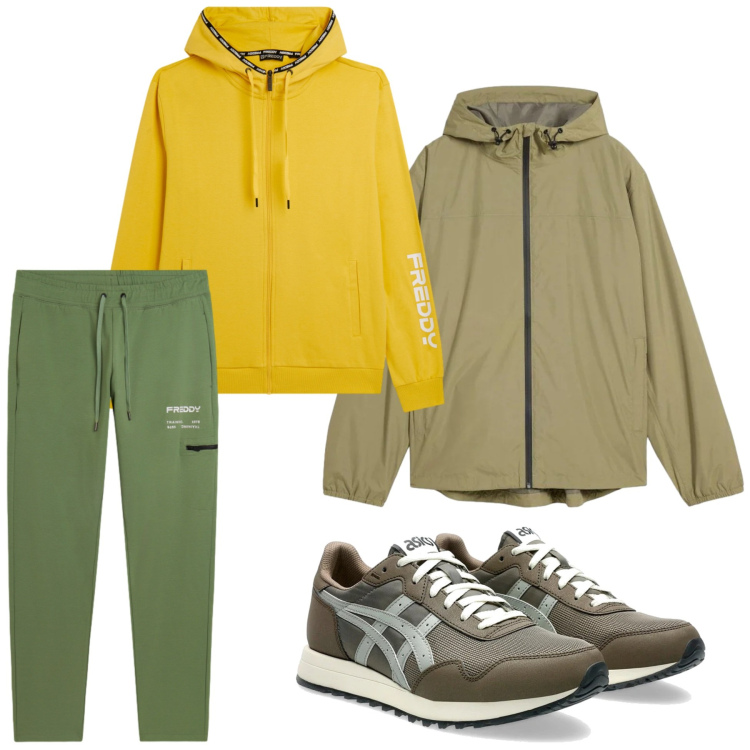 Outfit uomo - Giacca impermeabile sport. Stile Casual per Sport. Abbinamento con giacche, felpe con cappuccio, pantaloni, sneakers.