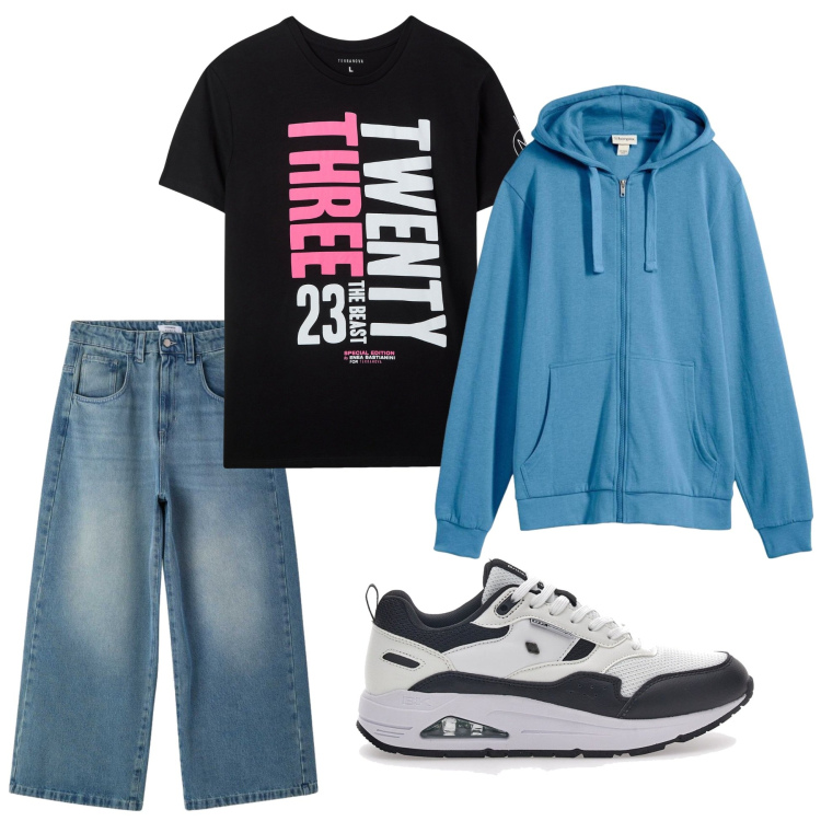 Outfit uomo - Felpa azzurra e stampa rosa. Stile Casual per Tutti i giorni. Abbinamento con felpe con cappuccio, sneakers, t-shirt, jeans.