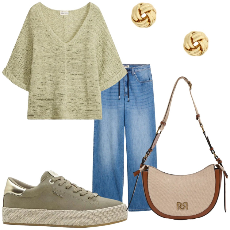 Outfit donna - Inizia il caldo. Stile Casual per Tutti i giorni. Abbinamento con t-shirt, sneakers, jeans dritti, borse a tracolla, orecchini.