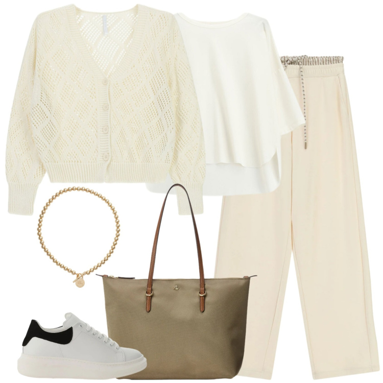 Outfit donna - Neutro. Stile Casual per Tutti i giorni. Abbinamento con cardigans, pantaloni, sneakers, bluse, borse tote, collane.